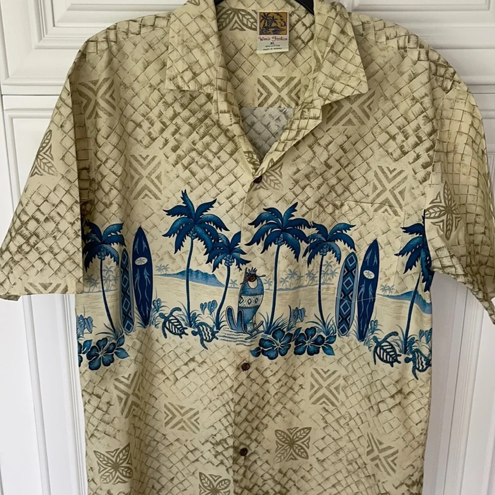 Winnie Fashion Hawaiian Button Up Shirt USA Palm Surf Beige Gray Mens XL - Picture 1 of 14